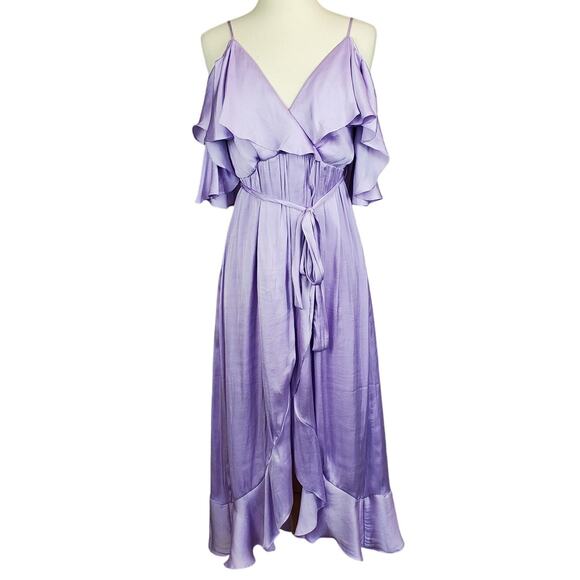 Bardot Satin Bea Wrap Ruffle Midi Dress US 6 Lilac Coquette Fairy Whimsy Event - Picture 2 of 16